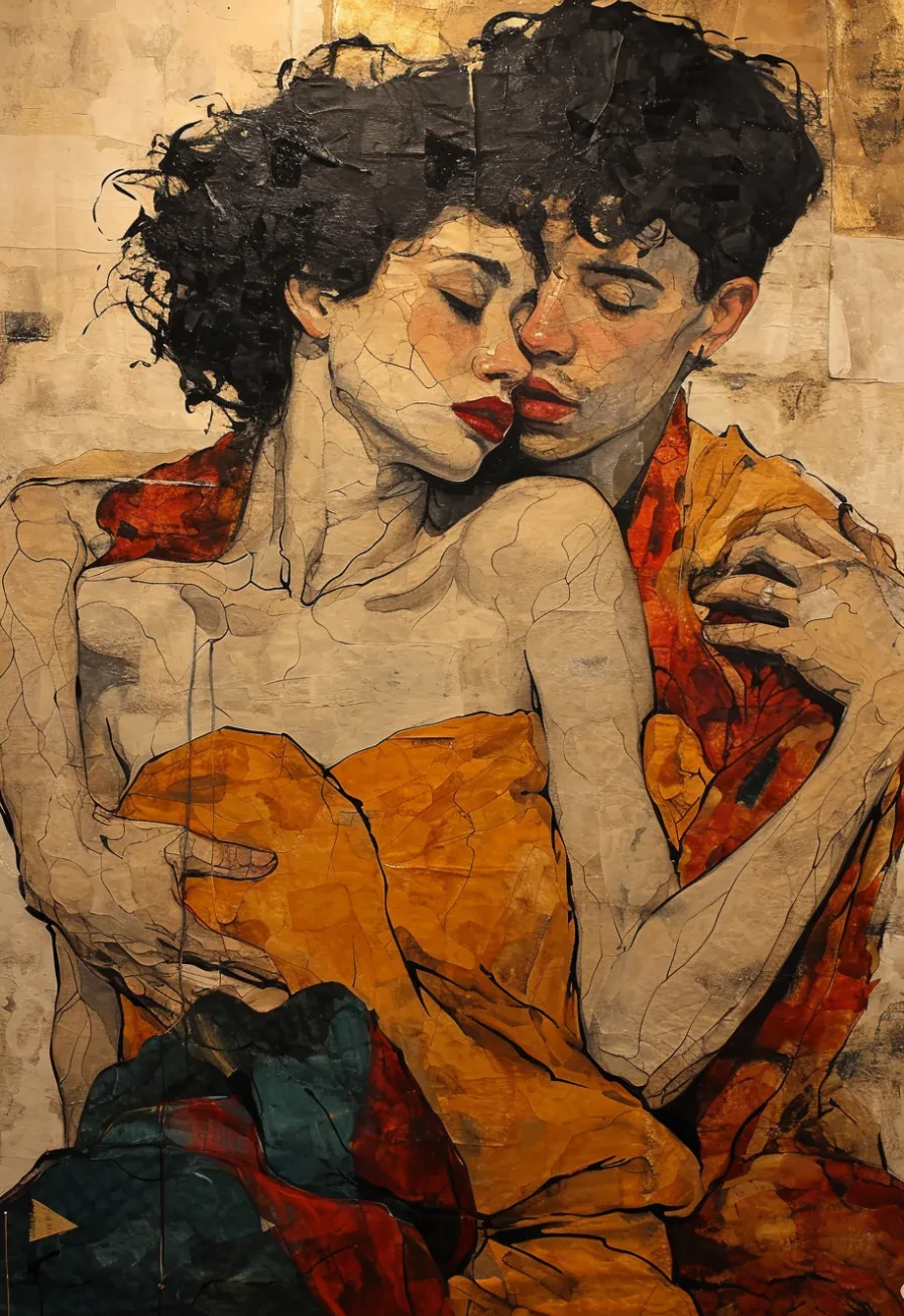 Embrace of Fiery Silhouettes in Mosaic Harmony